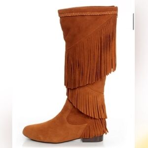 SBICCA Boho Western Fringed Tan Genuine Suede Tall Boots 7.5 Like New